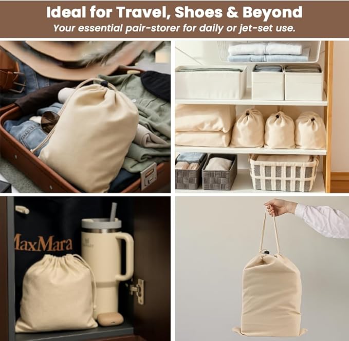 LFH Cotton Shoe Storage Bags with Drawstring, Dustproof Breathable Reusable Organizer, Perfect For Travel, Dorm, Hotel, College, Gym, Easy to Carry, Machine Washable 8"x17" (Pack of 6) - Natural
