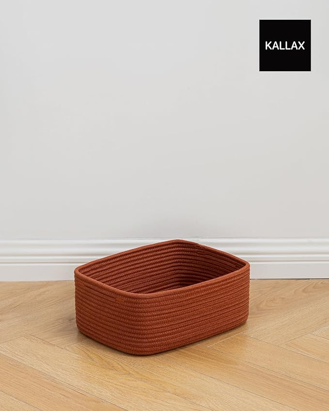 Small Woven Basket, 13.5 x 9.5 x 5 Inches, Storage Basket for Organizing, Cute Small Rope Shelf Closet Cube Storage Bins Baskets for Shelves, Dog Toy Gift Baskets Empty, 3 Pack Rust Red