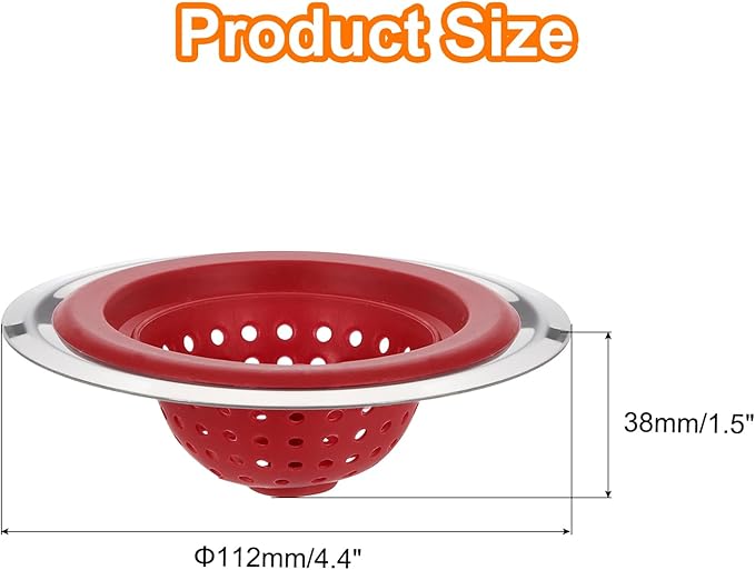 uxcell Silicone Sink Strainer, 2Pcs Kitchen Sink Drain Strainer Stopper with Detachable Stainless Steel Edge 4.4" Diameter Rim, Red