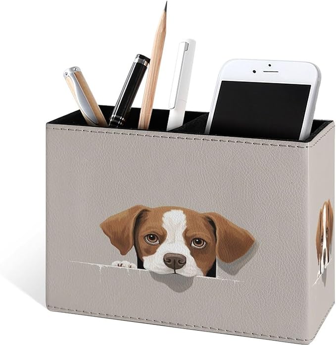 Famame Brown And White Dog Pencil Holder for Desk, Leather Desktop Container Pen Cup Storage Study Table Pen Organizer Makeup Brush Holder for Classroom Office Home