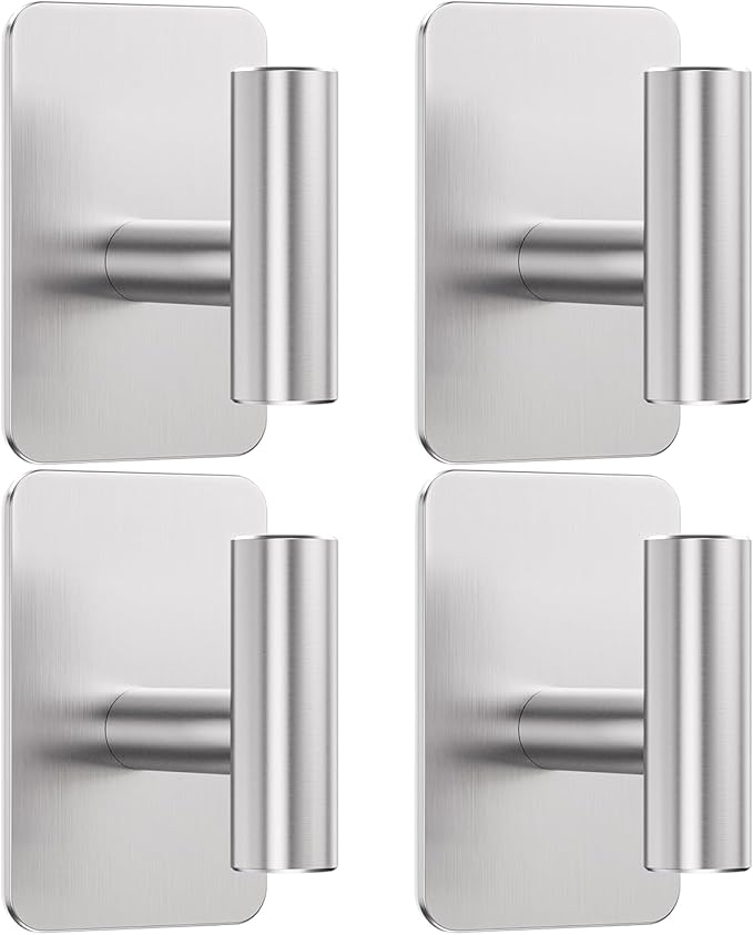 Heavy Duty Adhesive Hooks - 26lb Max, Sticky Wall Hooks Waterproof Stainless Steel for Hanging Towel, Coat, Robe, Towel Hooks Stick on Bathroom, Kitchen, Shower, Door (Silver, 4 Pack)