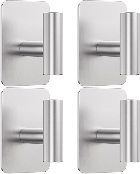 Heavy Duty Adhesive Hooks - 26lb Max, Sticky Wall Hooks Waterproof Stainless Steel for Hanging Towel, Coat, Robe, Towel Hooks Stick on Bathroom, Kitchen, Shower, Door (Silver, 4 Pack)