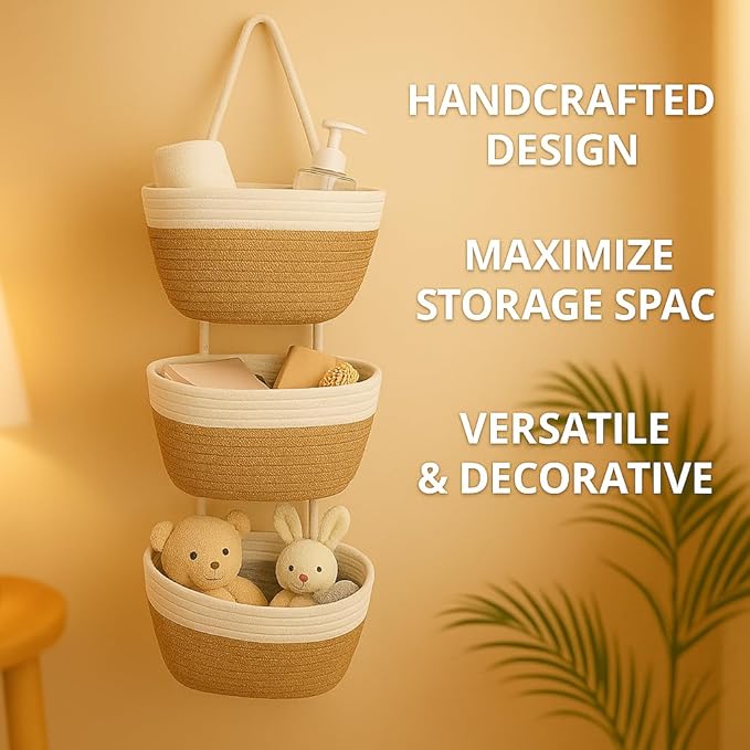 Japanese Handmade Cotton Rope Hanging Basket Organizer – 3 Tier Wall boho Storage Organizer for Toys , Snacks & Décor – Eco-Friendly Coiled Weaving Craft, Housewarming & Shower Gift (White&brown)