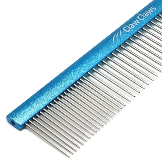 Claw Claws Greyhound Comb with Oval Handle for Dogs and Cats, Removing and Shedding Matted, Tangled Hair, Metal Comb with Stainless Steel Pins, Detangling Grooming Tool (9.8" Blue-20% fine pins)