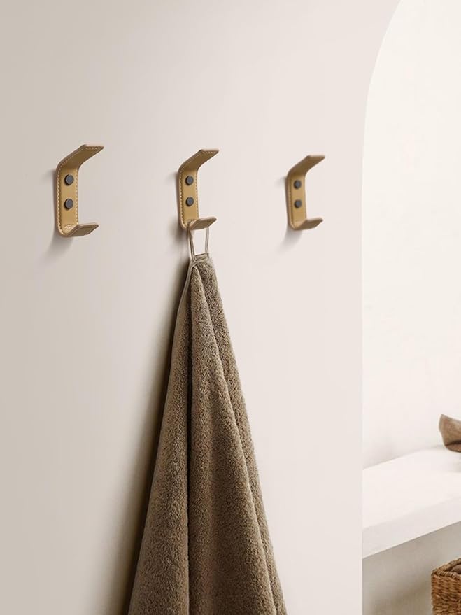 2 Pack Khaki Leather Coat 2 Hooks Wall for Hanging Rectangle Coat Hooks for Hanging Robe Towels Bags Hats Scarf Keys Clothes Suitable for Bedroom, Entryway and Closet