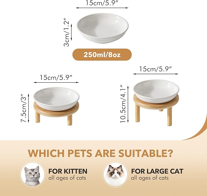Elevated Ceramic Cat Dish, Wide Whisker Friendly Anti-Slip Food & Water Bowl with 2 Heights Adjustable Stand - Pet Bowl Set for Cats (1 Dish + 1 Stand, White)