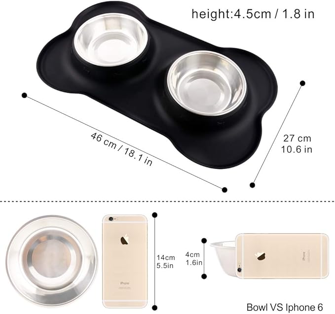 Dog Bowls with Mat, Cat Water Food Bowl Set (13.5oz Each) in No Spill Silicone Mat, Dual Pet Feeder Bowl for Puppy, Cats, Small Medium Dogs (Bone Shape, Black)