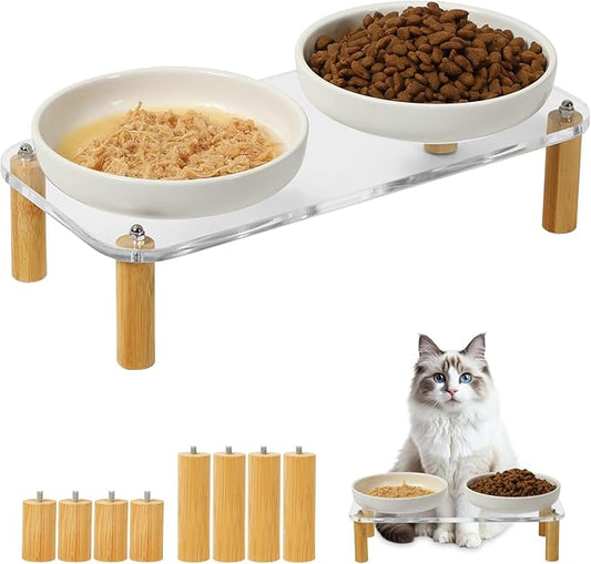 Elevated Cat Bowls for Indoor Cats – Modern Acrylic Cat Food Table with 2 Ceramic Dishes, Adjustable Height (4.05"/2.87"), Set of 1