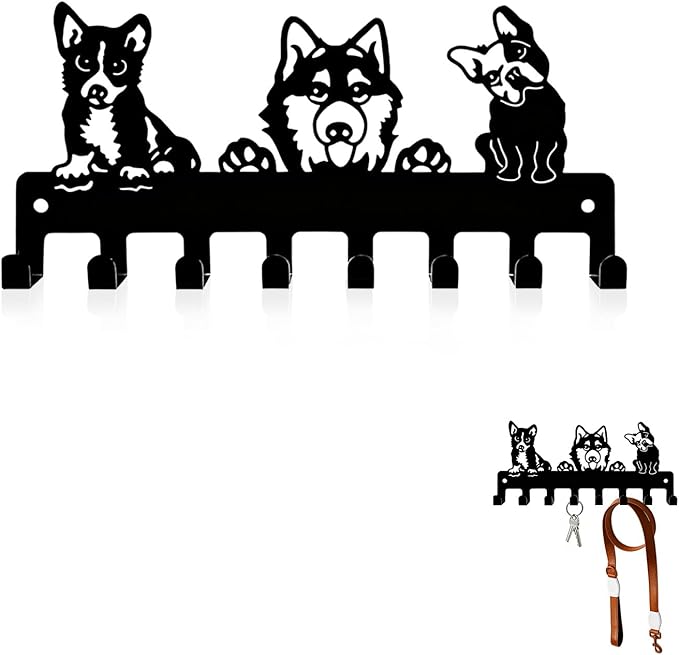 Dog Leash Holder for Wall with 8 Hooks, Heavy Duty Metal Key Rack Wall Mounted, Pet Leash and Key Organizer for Entryway Garage, Holds Harnesses, Collars, Leashes, Keys, Hats
