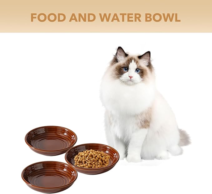 Ceramic Wide Whisker Friendly Cat Dishes, Set of 3 Ceramic Cat Bowls, Anti-Slip Indoor Kitten Feeding Food& Water Dish to Prevent Whisker Fatigue(3 Pcs, Caramel Brown)