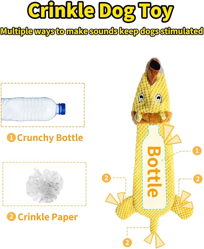KrauzPet Dog Toys, Squeaky Plush No Stuffing Crinkle Dog Toy for Small Medium Large Dogs, Interactive Puppy Teething Water Bottle Dog Chew Toy