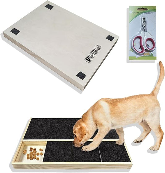 Dog Nail Scratch Pad with Treat Box & Pet Nail Clipper - Durable Portable Dog Scratch Filing Pad for Nails All Dogs, Wooden Nail Scratch Board for Indoor/Outdoor Training (Update)