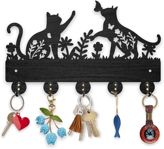 MAYJOYDIY Cat Butterfly Flower Coat Hooks Wall Mount Floral Cat Wood Key Holder for Wall 11.8×7.2inch Black Animal Wall Art Decor Key Hooks 5 Alloy Hooks for Gift Entryway Living Room Kitchen Office
