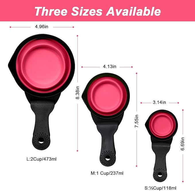 PNEUICALLY Collapsible Dog Food Scoop Foldable Pet Food Bag Clip 3 in 1 Multi-function Silicone Cat Food Measuring Cup Scoop Dog Food Scooper Pet Food Storage Clip (Rose Red, 1/2 Cup Capacity(1 Pack))