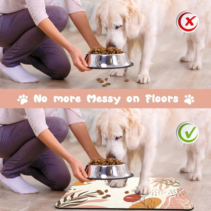 Dog Food Mats for Floors Waterproof, Pet Water Bowl Mats Pet Feeding Absorbent Placemats Bohemia Tropical Leaves 17 * 30 inch