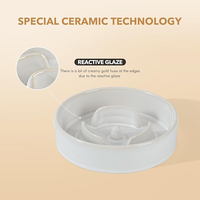Ceramic 0.9 Cup Raised Slow Feeder Dog Bowl Set, Elevated Acacia Wood Stand for Small Dog and Cat, 6.1inch Slow Dish, Stop Bloat(Single Bowl+ Stand, Reactived Glaze -White)