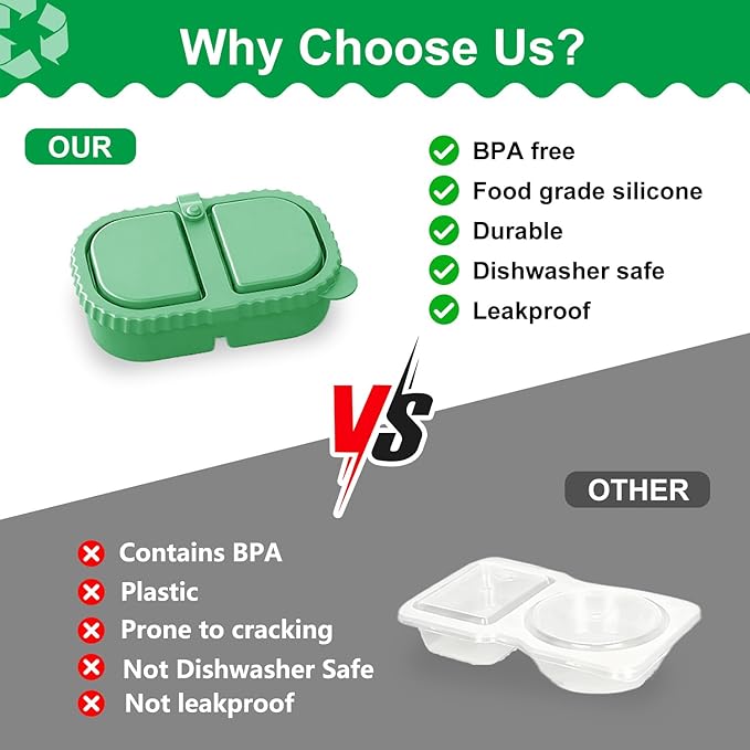 RAYBIN 3 Pack Silicone Reusable Snack Containers with Lids, 2 Compartments Leak-Proof Snackle Box Containers,Silicone Food Storage Containers for Office,School,Picnic - BPA Free (White,Green,Orange)
