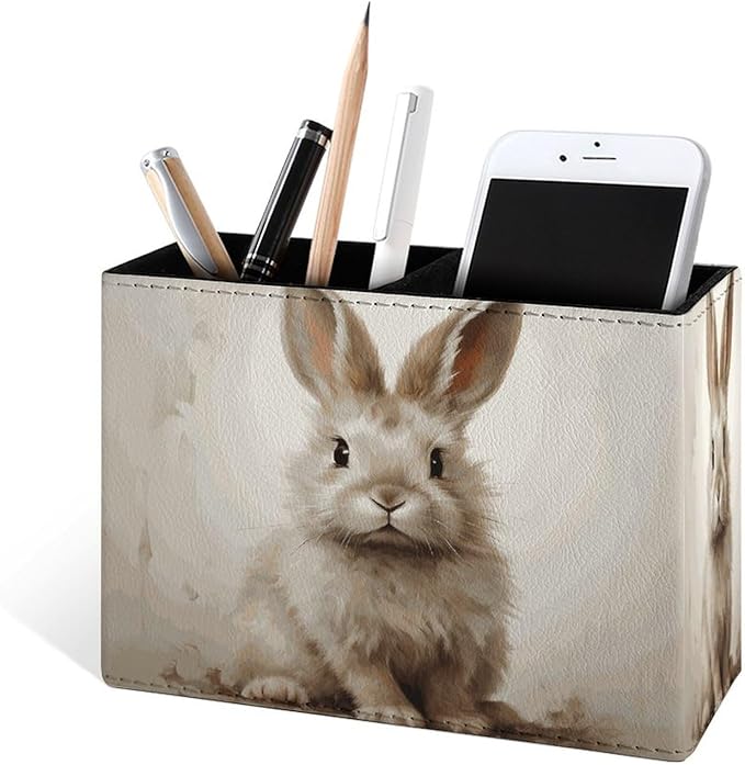 Famame Brown Rabbit Bunny Pencil Holder for Desk, Leather Desktop Container Pen Cup Storage Study Table Pen Organizer Makeup Brush Holder for Classroom Office Home