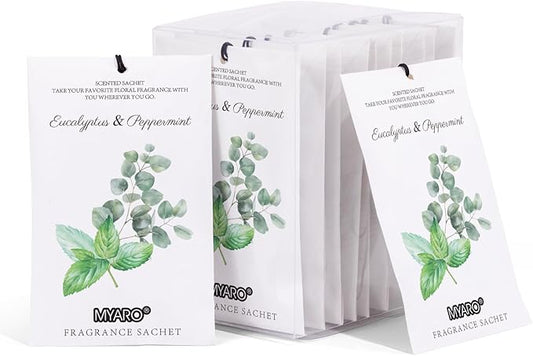 MYARO 12 Packs Eucalyptus Mint Scented Sachets for Drawer and Closet, Long-Lasting Closet Sachet Bags Drawer Deodorizers Fresh Scents, Home Fragrance Air Freshener