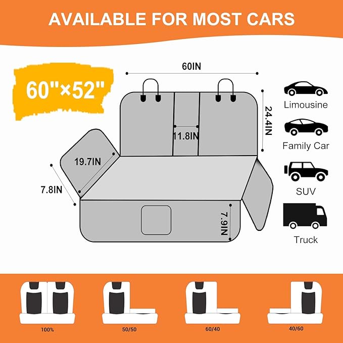 EasyHaWei Dog Car Seat Cover for Back Seat Bench Cover, Compatible for Armrest 100% Waterproof & Nonslip Backseat Protector for Pet （XL）
