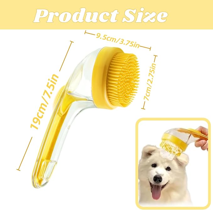 Dog Bath Brush, 2 in 1 Pet Grooming Bath Massage Brush with Soap and Shampoo Dispenser Soft Silicone Bristle Dog Scrubber for Long Short Haired Dogs Cats Shower-Yellow