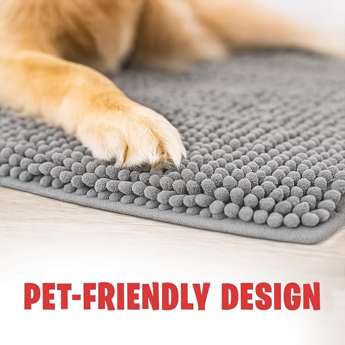 MudGuard Mat™ Dog Door Mat for Muddy Paws, Super Absorbent Microfiber, Non-Slip Indoor Mat, Quick Dry Chenille Mud Mat for Dogs & Entryway, Washable, Grey 19" x 30"