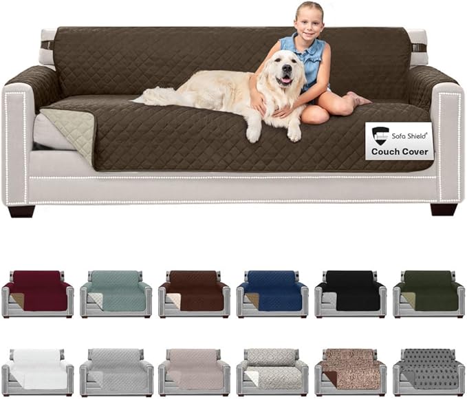 Sofa Shield Couch Slip Covers for Dogs, Reversible Furniture Protector with Strap, Stain and Tear Resistant Cushion Cover, 78 inch Seat, Machine Washable Slipcover Pets, Cats, Chocolate Beige