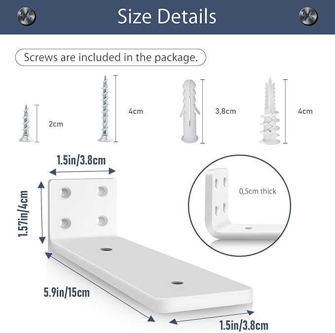 MLOQI 4 Pack Floating Shelf Bracket Heavy Duty, Hidden Shelf Brackets 5mm Thick L Brackets for Shelves up to 50 KG (White 15cm)