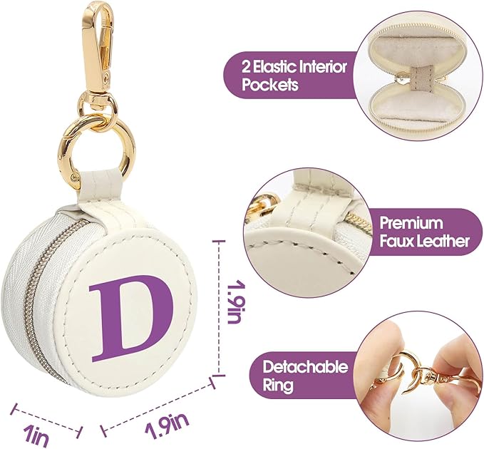Mini Initial Travel Jewelry Case Ring Holder, Beige Faux Leather Small Jewelry Organizer Box Gifts for Women Girls Nurse Teacher, Gym Travel Accessories Keychain Pouch for Earrings Rings Necklace D