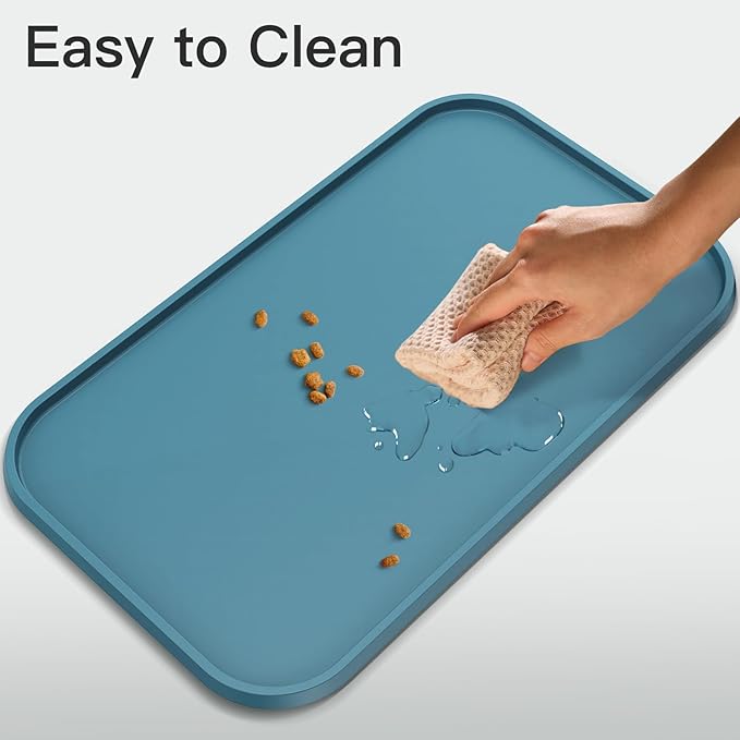 Pet Feeding Mat [Warped Resistant Raised Edge], Water-Proof Silicone Placement for Food Water Bowls, Anti-Slip Base Protect Floor, BPA-Free&Dishwasher-Safe [18.5x11.5inch Medium, Blue]