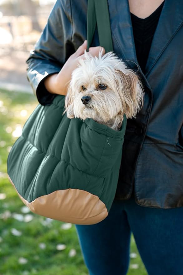 NoblePup Plush Dog Purse Carrier for Small Dogs, Soft Dog Tote Bag with Safety Harness Clip, Cozy Pet Carrier for Dogs Under 15 lbs, Comfortable Dog Shoulder Carrier for Travel, Green