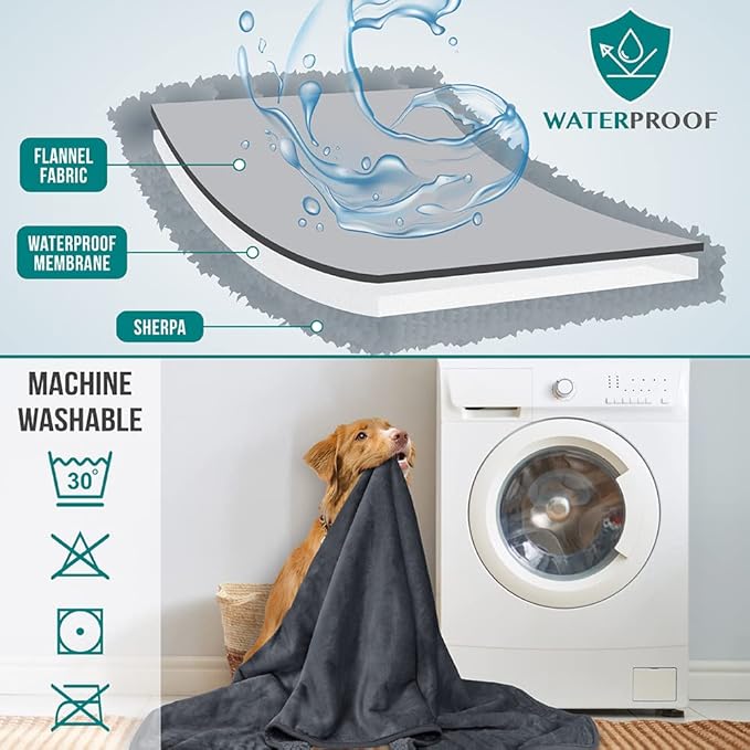 PetAmi Waterproof Dog Blanket Sherpa Fleece, Pet for Medium Large Dogs, Reversible Cat Throw Bed Couch Sofa Furniture Protector, Soft Plush Microfiber (Queen 90x90, Gray), Queen (90x90)