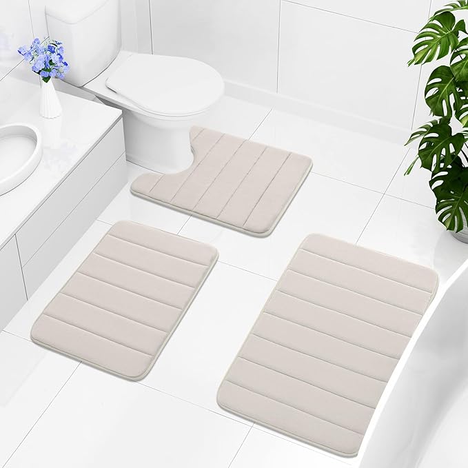 Buganda Memory Foam U-Shaped Contour Toilet Rugs, Non Slip Absorbent, Thick Soft Washable Bathroom Mat, Floor Carpet Bath Rugs Mat for Toilet Base (24" x 20", Cream)
