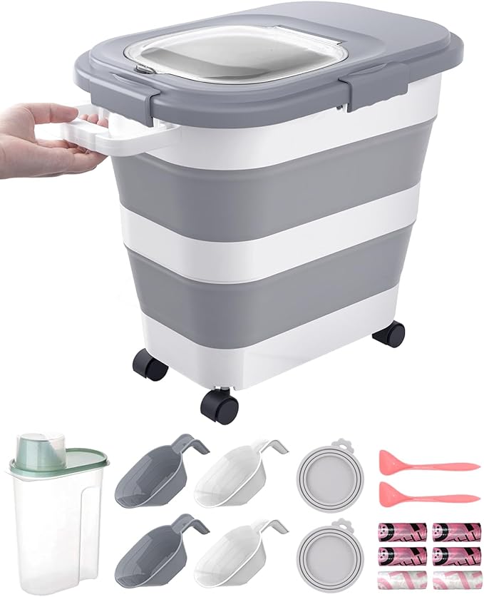 DDMOMMY 23-25 Lbs Airtight Dog Food Storage Container,Collapsible Pet food storage Container,All-in-One Cat Food Container Set with Scoops,Can Covers & Can Opener Spoons,Small Bin and Waste Bags