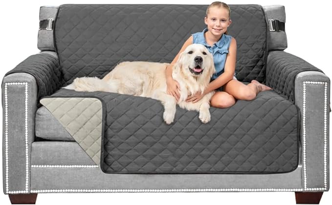 Sofa Shield Loveseat Slip Cover with Patented Strap, Cushion Protector, US Designed Reversible Stain and Dog Tear Resistant Slipcover, 54 inch Seat, Washable Covers for Dogs Pets, Charcoal Linen