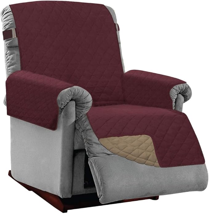 Sofa Shield Couch Recliner Covers for Dogs, Reversible Furniture Protector with Strap, Stain and Tear Resistant Cushion Cover, 28 inch Seat, Machine Washable Slipcover Pets, Cats, Burgundy Tan