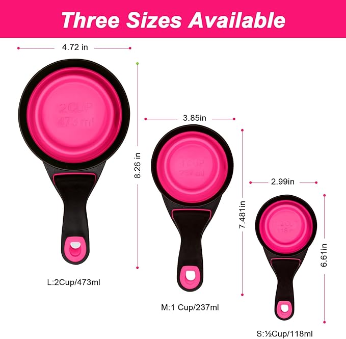 PNEUICALLY Collapsible Silicone Dog Food Scoop Foldable Pet Food Measuring Cup with Bag Clip 3 in 1 Multi-Function Silicone Dog Food Scooper (Rose Red, Medium)