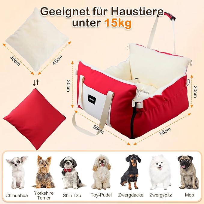 Dog Car Seat for Small Dogs with Extension Zone, Portable Washable Travel Bed for Pets up to 30 lbs, Booster Seat for Front Seat & Camping, Includes Harness Clip – Red