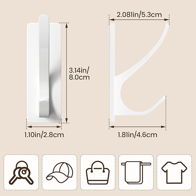 pickpiff Self Adhesive Coat Hooks for Hanging: Heavy Duty Stainless Wall Hook for Towel, Utensil, Backpack, Hat, Sturdy Metal Hanger for Bathroom, Kitchen, Door, 10 Pack, White