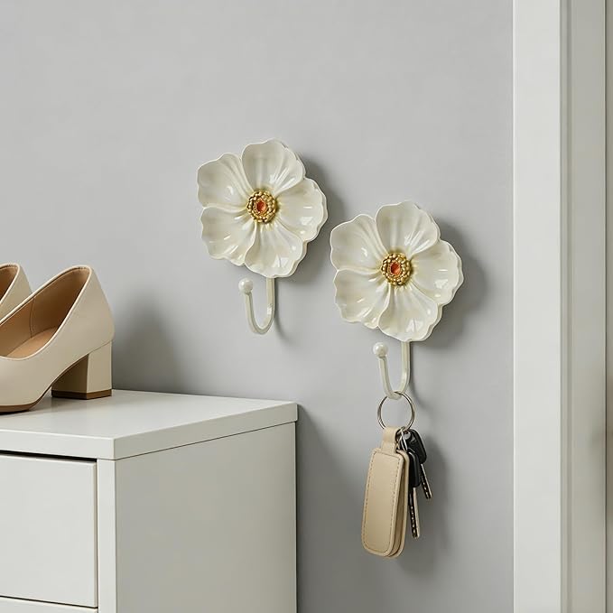 Guichifun Flower Coat Hooks Wall Decor - 2pcs Resin White Decorative Wall Hooks for Hanging Clothes Coats Towels Keys Bags Hats Bathroom Home Decoration Gift 4.3 x 2.2 x 6 Inch