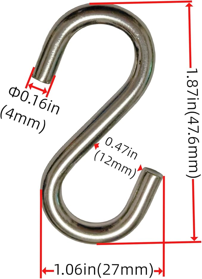 304 Stainless Steel S Hook, S Hook Metal Hanging Practical Hook Connecting Hook for Item Hanging (Dia:3/16in(4mm)-10PCS)