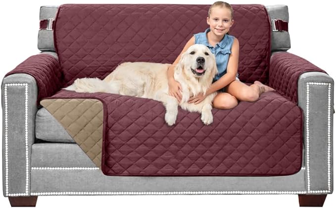 Sofa Shield Couch Loveseat Covers for Dogs, Reversible Furniture Protector with Strap, Stain and Tear Resistant Cushion Cover, 54 inch Seat, Machine Washable Slipcover Pets, Cats, Burgundy Tan