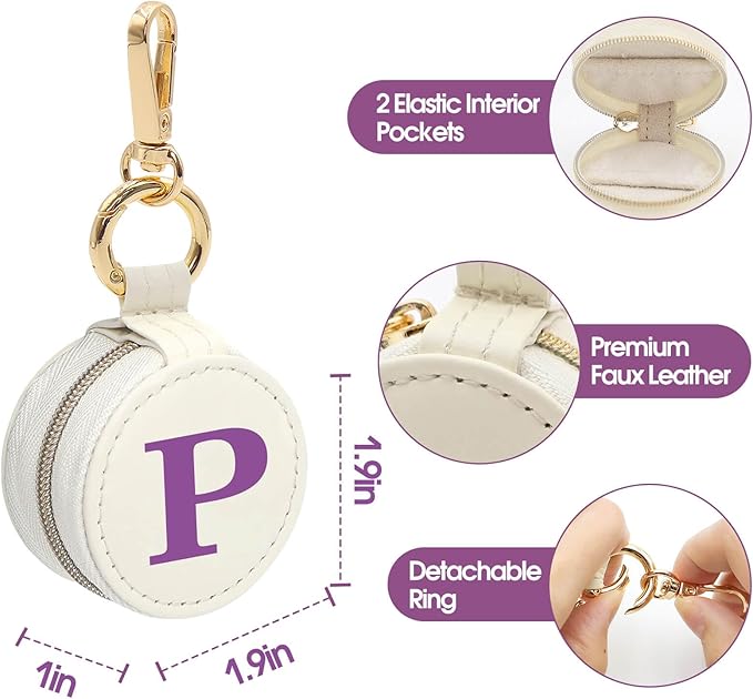 Mini Initial Travel Jewelry Case Ring Holder, Beige Faux Leather Small Jewelry Organizer Box Gifts for Women Girls Nurse Teacher, Gym Travel Accessories Keychain Pouch for Earrings Rings Necklace P