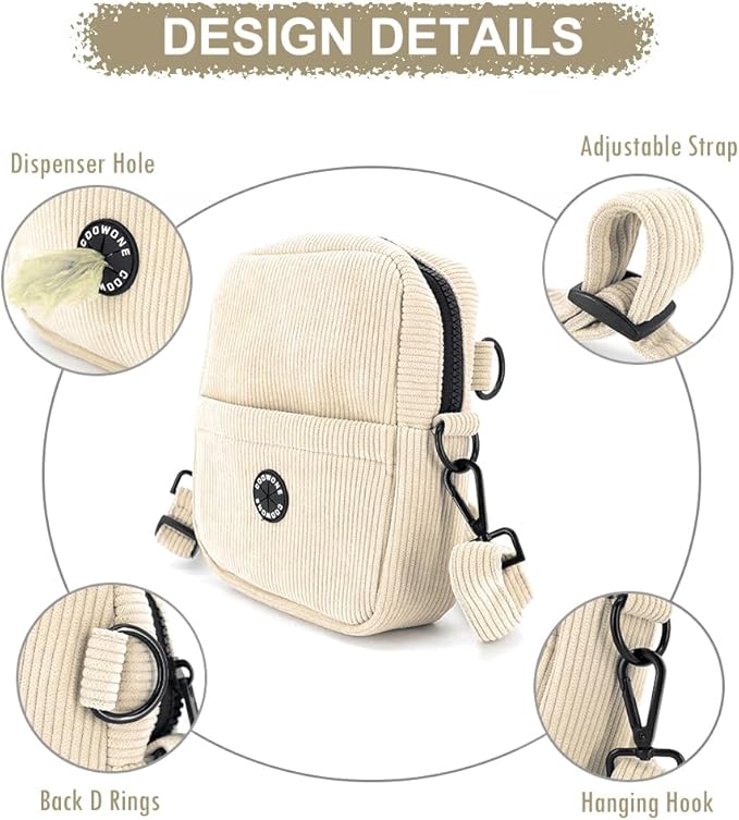 COOWONE Velvet Dog Training Pouch | Large Capacity Pet Treat & Toy Bag with Built-in Poop Bag Dispenser (Beige-white)