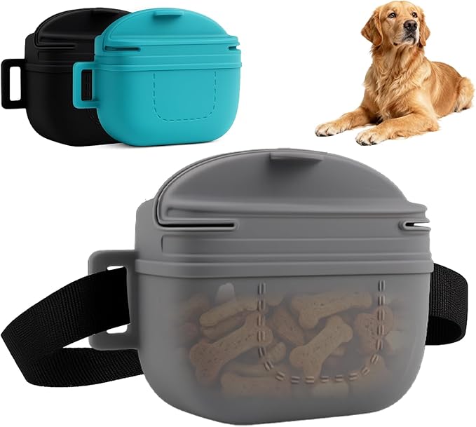 Upgraded Dog Treat Pouch, Stronger Magnetic Closure to Prevent Spilling, 1.7 Cup Silicone Fanny Pack with Waist Belt for Dog Training Walking(Gray)