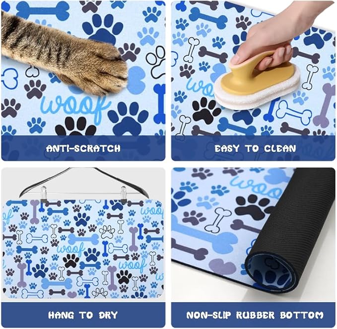Dog Food Mats for Floors Waterproof, Pet Water Bowl Mats Pet Feeding Absorbent Placemats Blue 17 * 30 inch