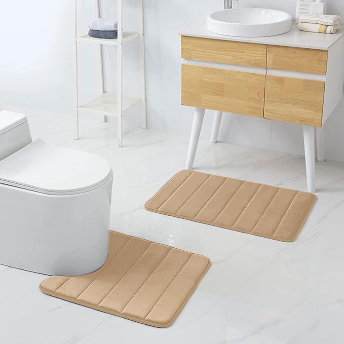 Buganda Memory Foam U-Shaped Contour Toilet Rugs, Non Slip Absorbent, Thick Soft Washable Bathroom Mat, Floor Carpet Bath Rugs Mat for Toilet Base (24" x 24", Camel)