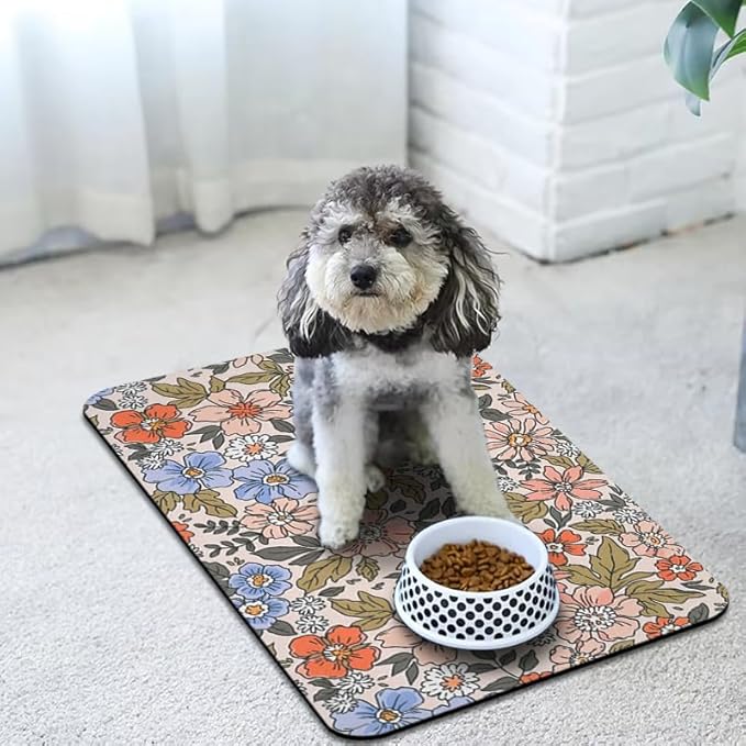 Dog Food Mats for Floors Waterproof, Cat Water Bowl Mats Pet Feeding Absorbent Placemats Flower 12 * 20 inch