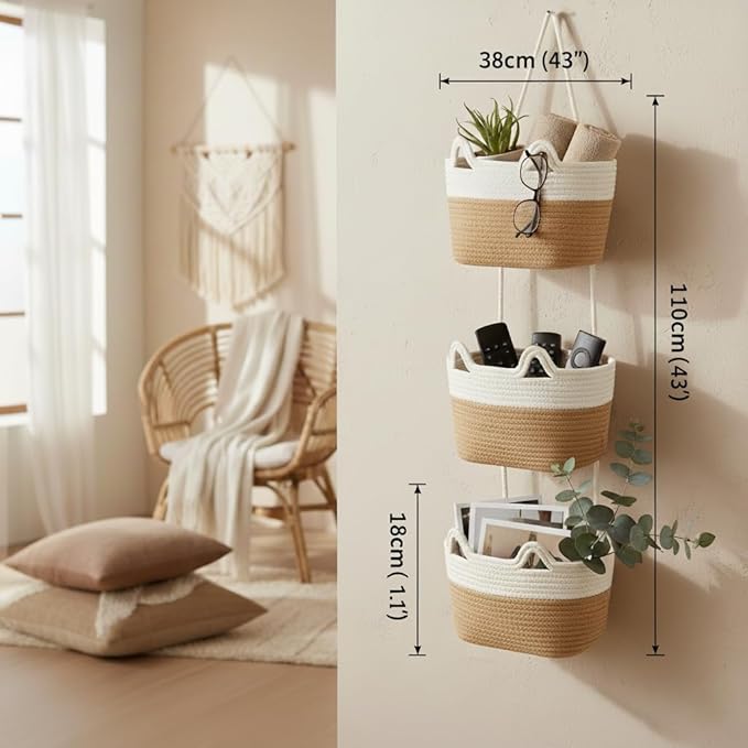 Wall Hanging Baskets, 3-Tier Cotton Over Door Organizer, Decorative Hanging Wall Basket for Wall, Door, Nursery, Living Room, Bathroom, Cat-Like Design Boho Decor, White & Jute