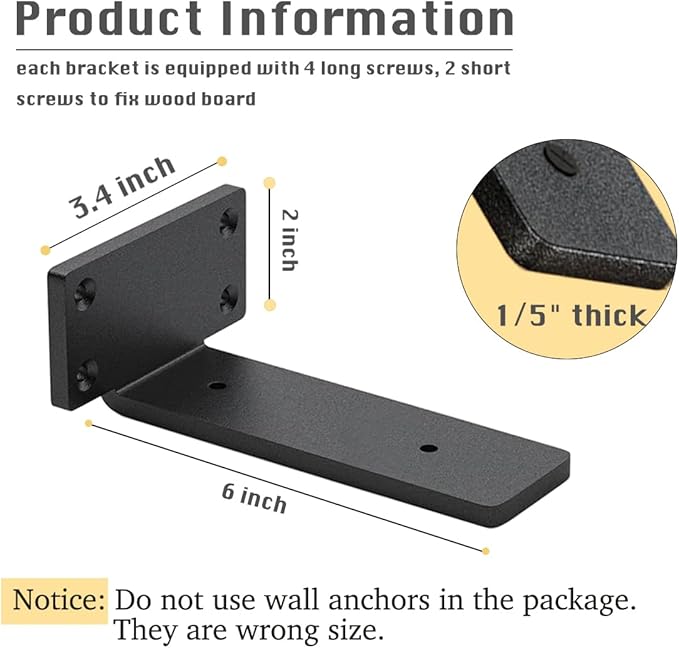16 Pack Shelf Brackets 6 Inch Floating Shelf Bracket 1/5 inch Thick Heavy Duty Hidden Shelf Brackets Iron Metal Brackets for Shelf Support with Screw Included